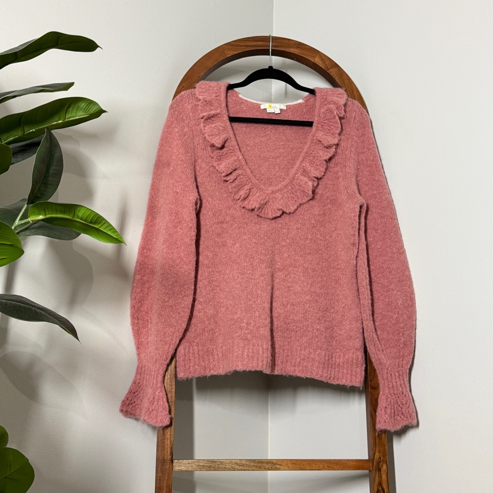 Boden 8 Pink Fluffy Frill Ruffle Collar Wool Alpaca Blend V Neck Sweater